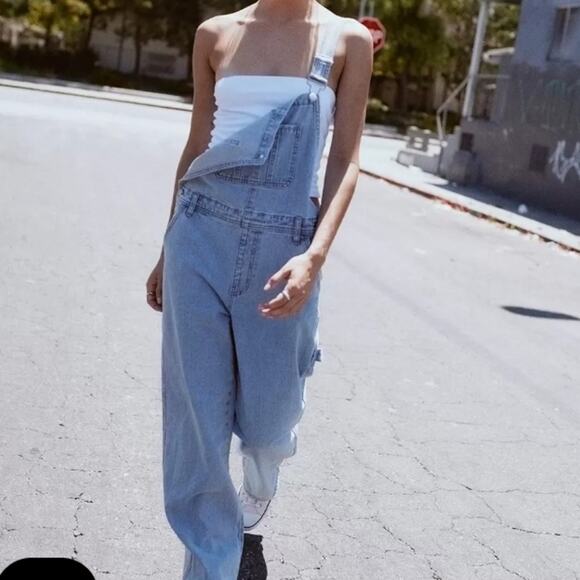 90s Grunge Overalls One Shoulder Women Sz S Lt Blue Distress Holes Shred Fray - Picture 9 of 15
